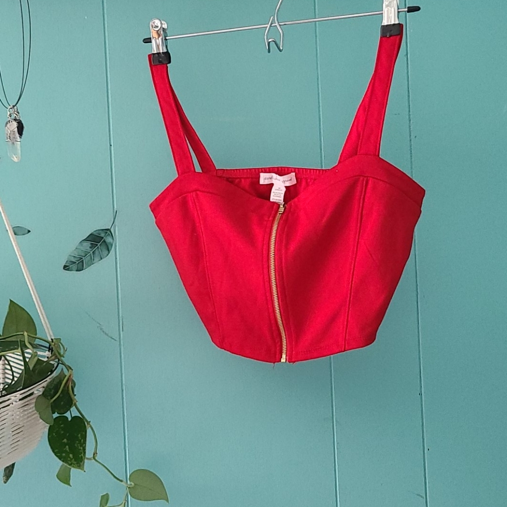 Red crop top tank top. Gold zipper